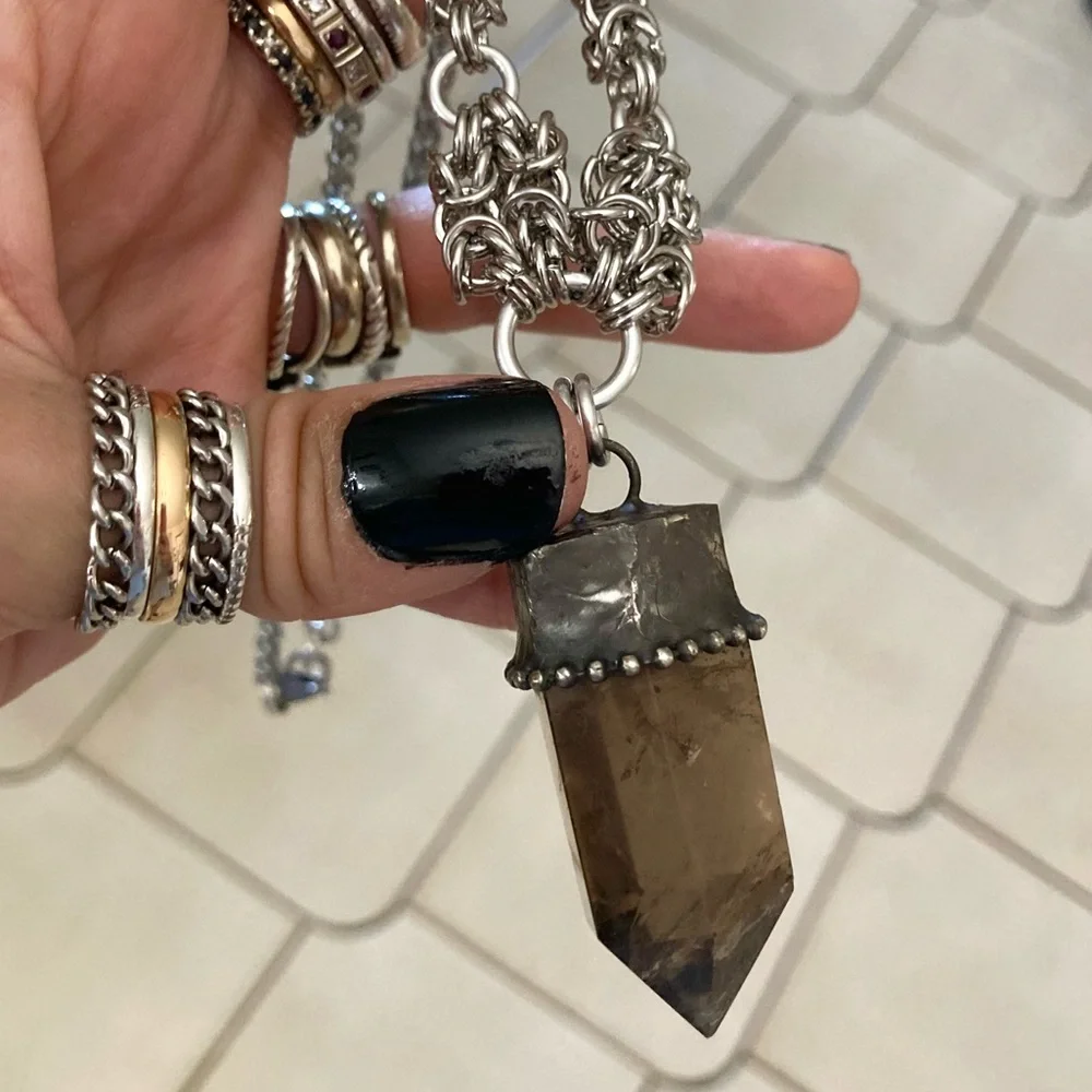 Handmade big raw black Smokey crystal quartz maille silver boho goth necklace - Picture 16 of 16